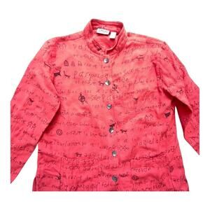 Chico's Jacket Womens Large Orange Tribal Artsy Hieroglyphics Button Long Sleeve